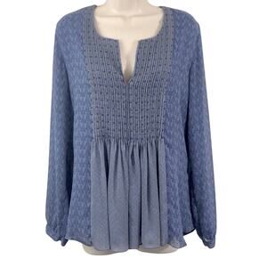 Coldwater Creek Blue Tunic Top Long Sleeve Stud Pin Tuck Gathers Front and Back